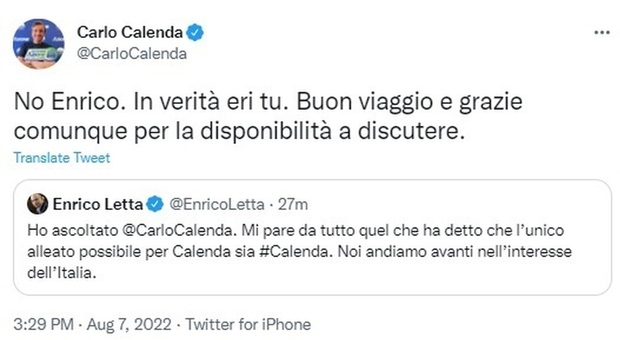 Calenda e Letta, l'addio su Twitter: «Azione alleato solo con sé stesso» e lui taglia corto: «Buon viaggio»