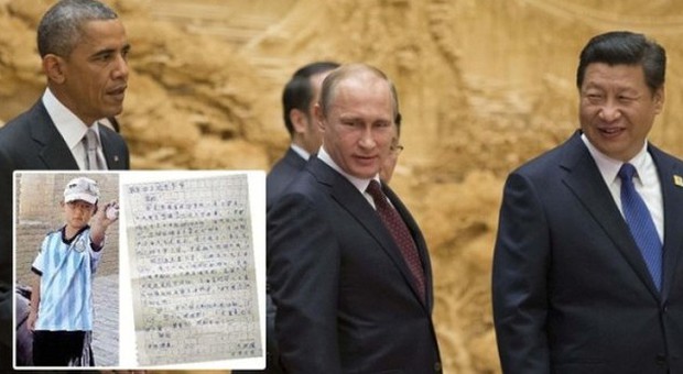 Barack Obama, Vladimir Putin, Xi Jinping e, in basso a sinistra, il bambino di 9 anni con la sua lettera