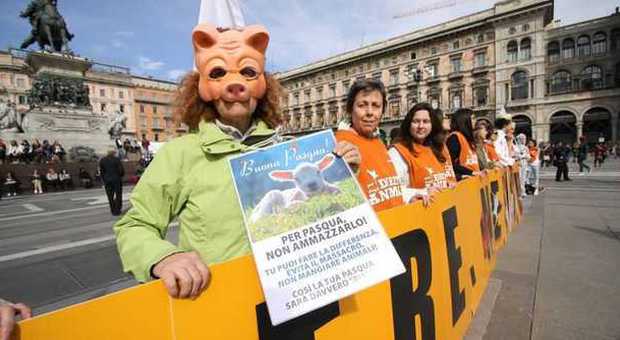 In piazza Duomo la protesta degli animalisti contro l'uccisione di agnelli per Pasqua