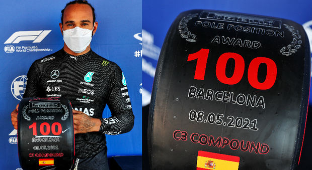 Lewis Hamilton festeggia la centesima pole a Barcellona