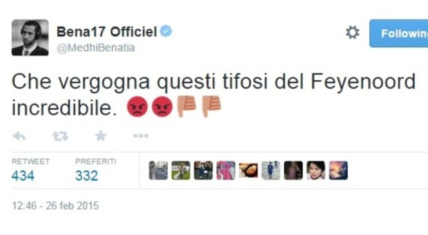 Roma, il tweet dell'ex Benatia: «Che vergogna i tifosi del Feyenoord»