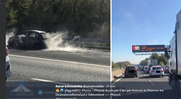 Auto in fiamme sull'A1, traffico in tilt: 6 chilometri di coda tra Roma sud e Valmontone