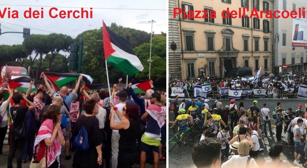 Roma, tensioni al sit-in filopalestinese al Giro d'Italia: volano spintoni e insulti. Bandiere israeliane all'Aracoeli