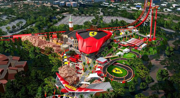 Un rendering di Ferrari Land, il parco tematico dedicato al Cavallino che sarà aperto ad aprile 2017 a PortAventura (sulla Costa Daurada in Spagna).