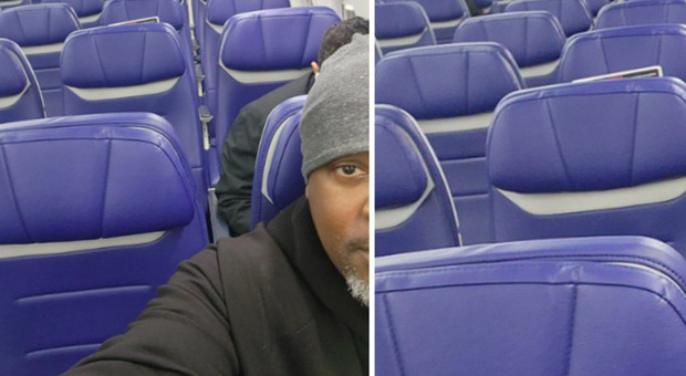 Il selfie del passeggero arrabbiato: «L'aereo era vuoto, c'erano tutti i posti liberi e lui ha scelto di sedersi proprio dietro di me»