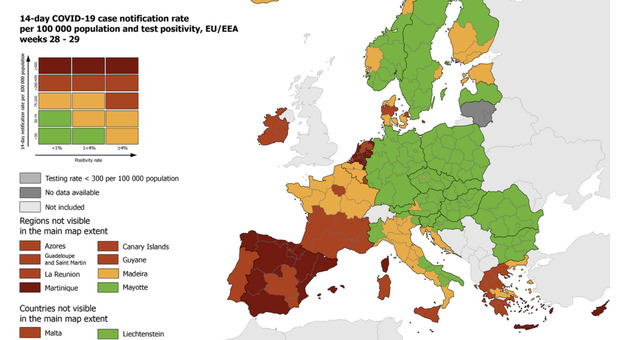 Sicilia e Sardegna passano in rosso nella mappa del contagio in Europa. Lazio giallo