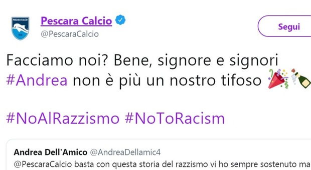 Come la Roma e la Lazio, il Pescara a ultrà razzista: «Non sei più nostro tifoso»