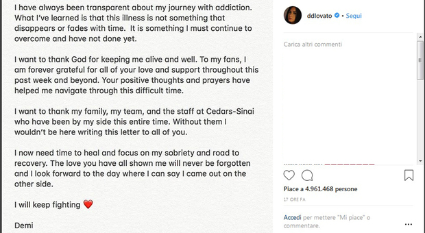 Demi Lovato rompe il silenzio, il post dopo l'overdose: «Continuerò a combattere. Malattia che devo superare»