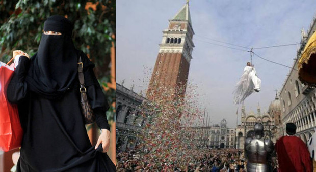 Si maschera con il burqa nero in piazza San Marco, fermata giovane italiana a Venezia