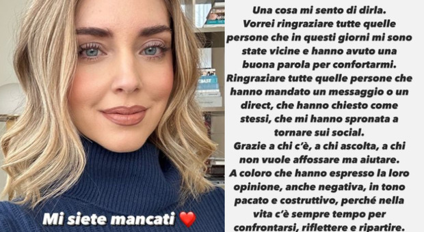 Chiara Ferragni torna su Instagram, il messaggio ai follower: «Mi siete mancati. Come state? Nella vita c'è sempre tempo per ripartire»