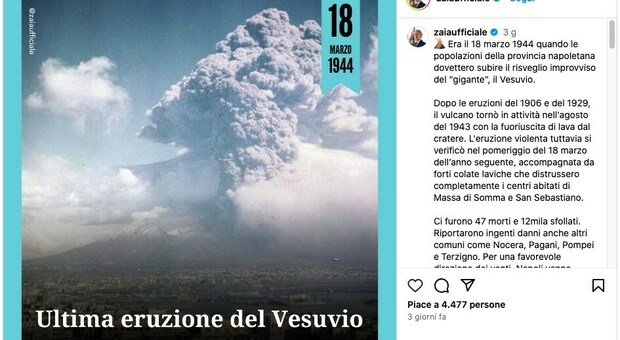 Zaia ricorda l'ultima eruzione del Vesuvio sui social: boom di commenti