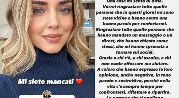 Chiara Ferragni torna su Instagram, il messaggio ai follower: «Mi siete mancati. Come state? Nella vita c'è sempre tempo per ripartire»
