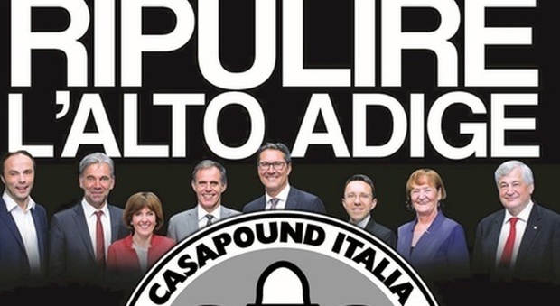 Casapound, manifesto choc: «Ripulire l'Alto Adige». Nella foto politici e migranti