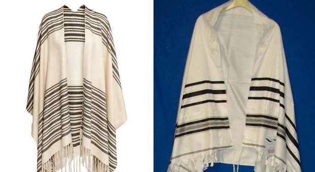 Il poncho-sciarpa dell'H&M (a sinistra) sotto accusa e un tallit ebraico (a destra)