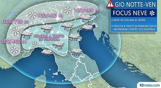 Il grafico di 3bmeteo.com. Arrivano due perturbazioni che portano pioggia e neve anche nelle Marche. Ecco quando e dove
