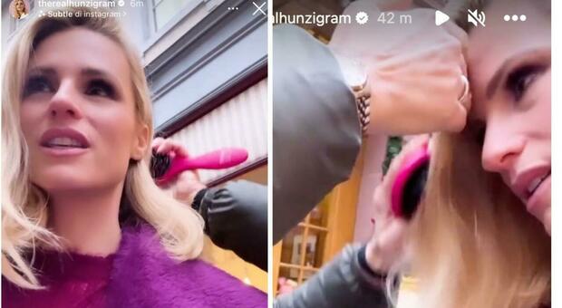 Michelle Hunziker, che diva: si fa pettinare dalla hair stylist mentre cammina per strada in Svizzera