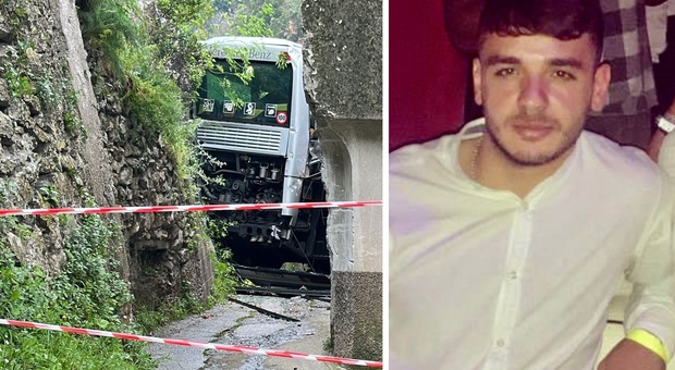 Il bus caduto nella scarpata; a destra l'autista, Nicola Fusco, morto nell'incidente