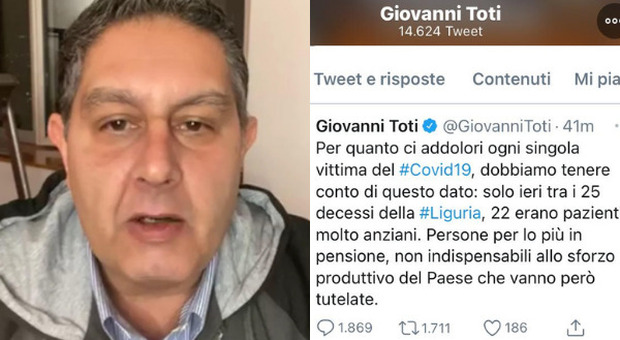 Toti, il tweet sugli anziani morti di Covid in Liguria: «Non indispensabili». Poi le scuse: «Non è il mio pensiero»