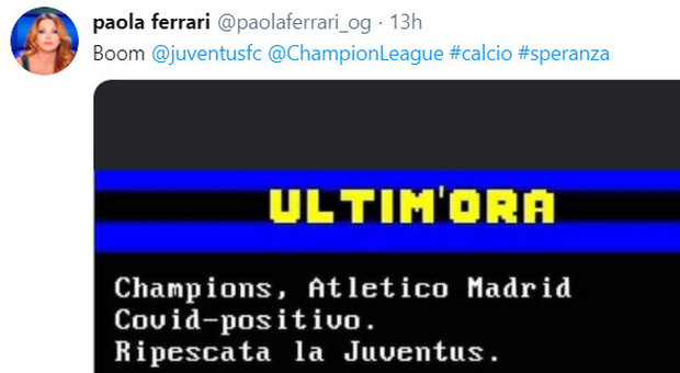 Paola Ferrari, la gaffe su Twitter: «Juve ripescata in Champions, #speranza». Ira tifosi bianconeri sui social