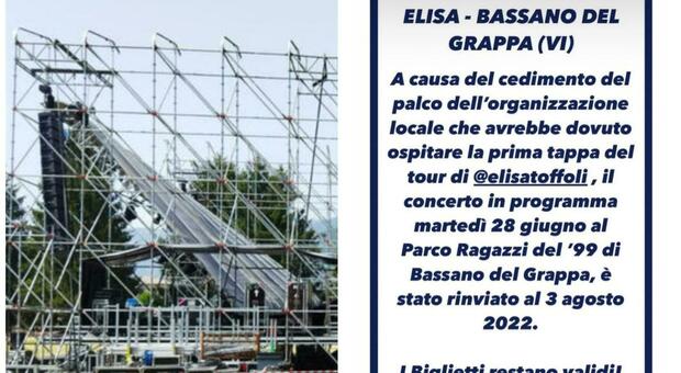 Elisa, concerto rinviato a Bassano del Grappa dopo il crollo della tettoia: ecco quando sarà