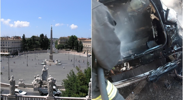 Roma, auto elettrica prende fuoco a piazza del Popolo