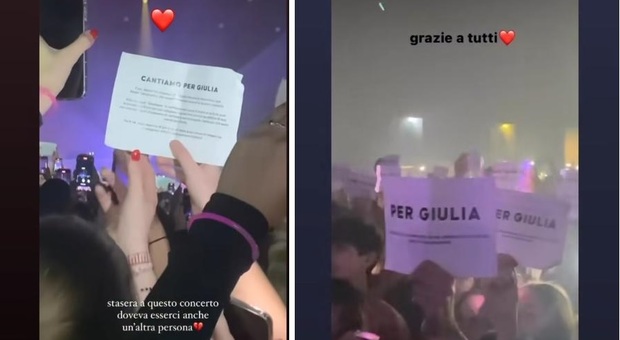 I messaggi per Giulia Cecchettin durante il concerto di Calcutta a Padova (foto Instagram Calcutta e flashmob Giulia)