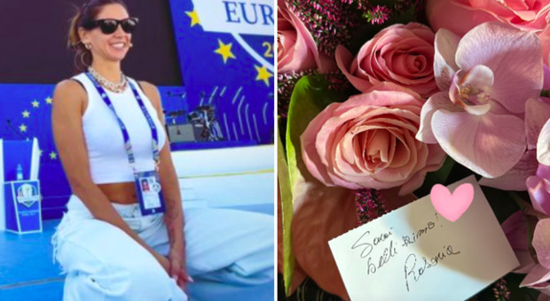 Melissa Satta emozionata per la presentazione della Ryder Cup. Il mazzo di fiori e l'incoraggiamento (ma Matteo Berrettini non c'entra)