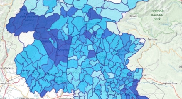 La mappa dei contagi con in blu scuro i comuni più colpiti