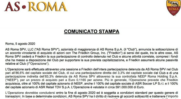 Roma, il comunicato ufficiale del club: il gruppo passa a Friedkin, accordo da 591 milioni