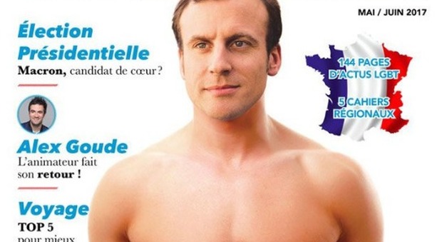 Emmanuel Macron a torso nudo sulla copertina di una rivista gay