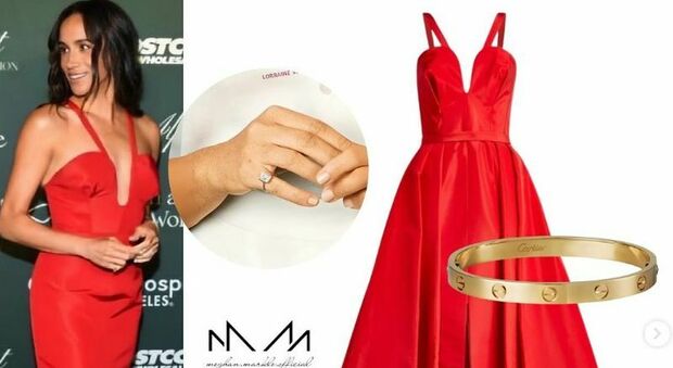 carolina herrera red dress meghan markle Meghan, Duchess of Sussex attends the Children's Hospital Los Angeles Gala 2024 at JW Marriott LA Live on October 05, 2024 in Los Angeles, California.
