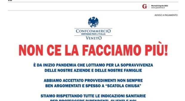 «Fateci riaprire prima che sia troppo tardi»: l'appello della Confcommercio Veneto sulle pagine dei giornali