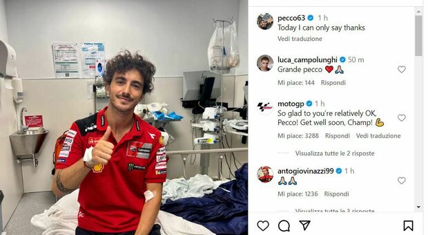 Pecco Bagnaia, la prima foto dall'ospedale dopo l'incidente in pista: «Oggi posso solo dire grazie»