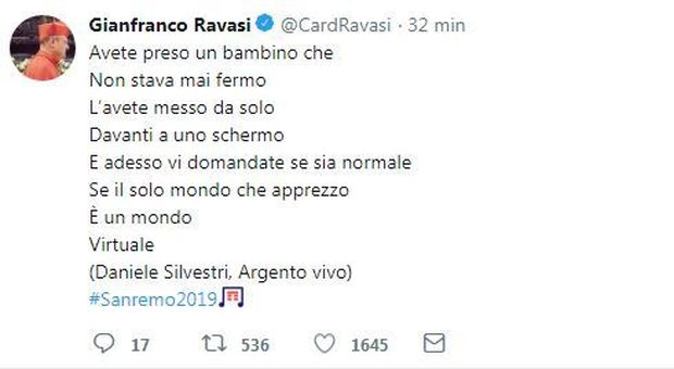Sanremo 2019, il tweet del cardinale Ravasi rilancia "Argento vivo" di Daniele Silvestri