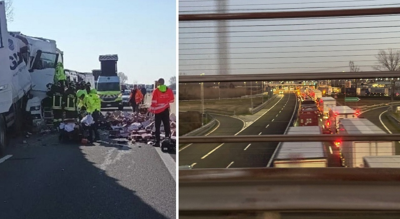 Incidente in A4 sul tratto maledetto, schianto fra 3 camion. Rimosse le bottiglie cadute a terra, autostrada riaperta. Traffico in tilt