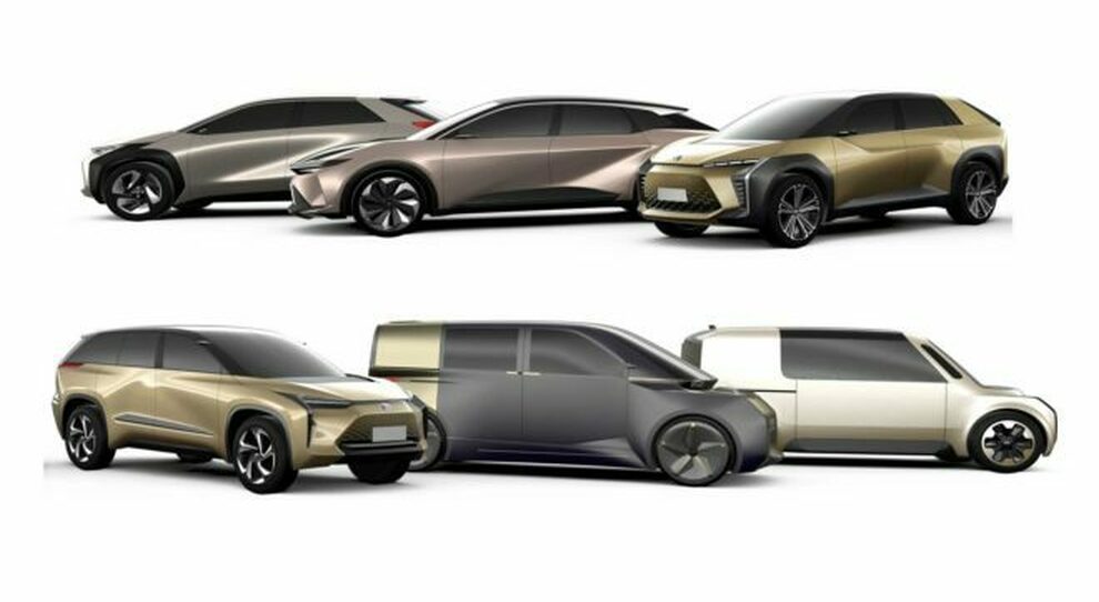 Toyota lancerà 6 modelli elettrici basati sulla nuova piattaforma e-TNGA. Il primo (in alto a destra) sarà un Suv con le dimensioni della RAV4