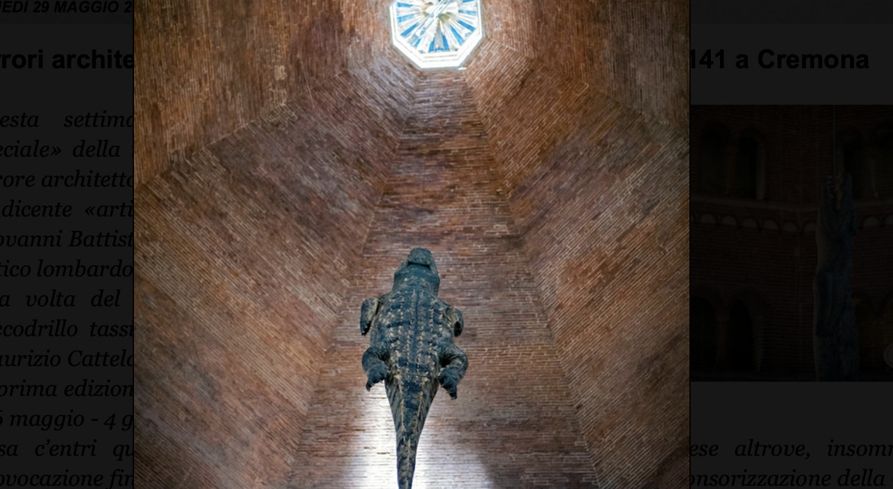 A large Cattelan crocodile suspended in a baptistery divides the church in two around contemporary art in places of worship