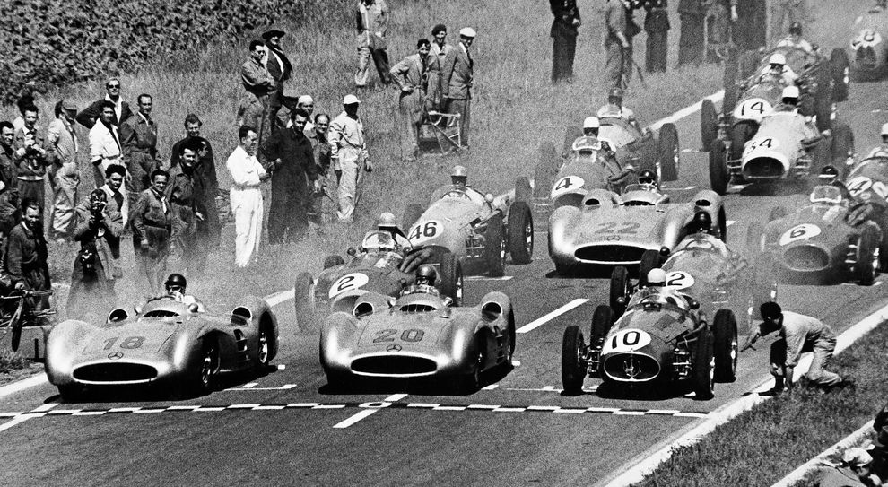 Reims 1954, da sinistra Fangio, Kling e Ascari