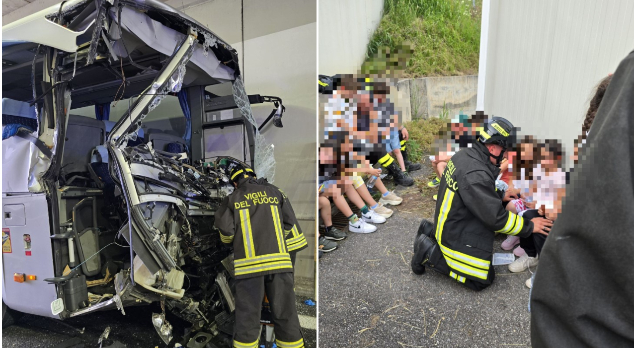 ?Camion contro uno scuolabus di bambini in gita, lo schianto in autostrada: morta una maestra incastrata tra le lamiere, 30 feriti ?Camion contro uno scuolabus di bambini in gita, lo schianto in autostrada: morta una maestra incastrata tra le lamiere, 30 feriti