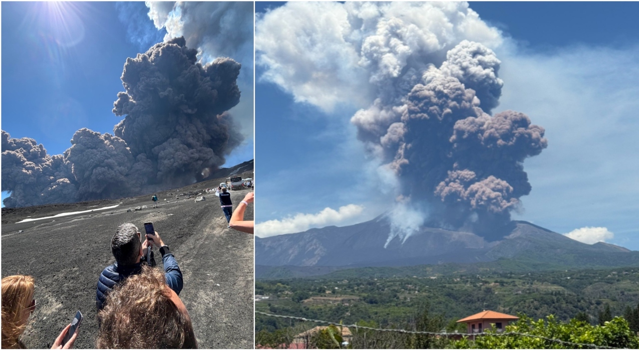 Eruzione Etna, nube eruttiva alta chilometri: crolla parte del cratere. Escursionisti in fuga. Allerta rossa per i voli Eruzione Etna, nube eruttiva alta chilometri: crolla parte del cratere. Escursionisti in fuga. Allerta rossa per i voli