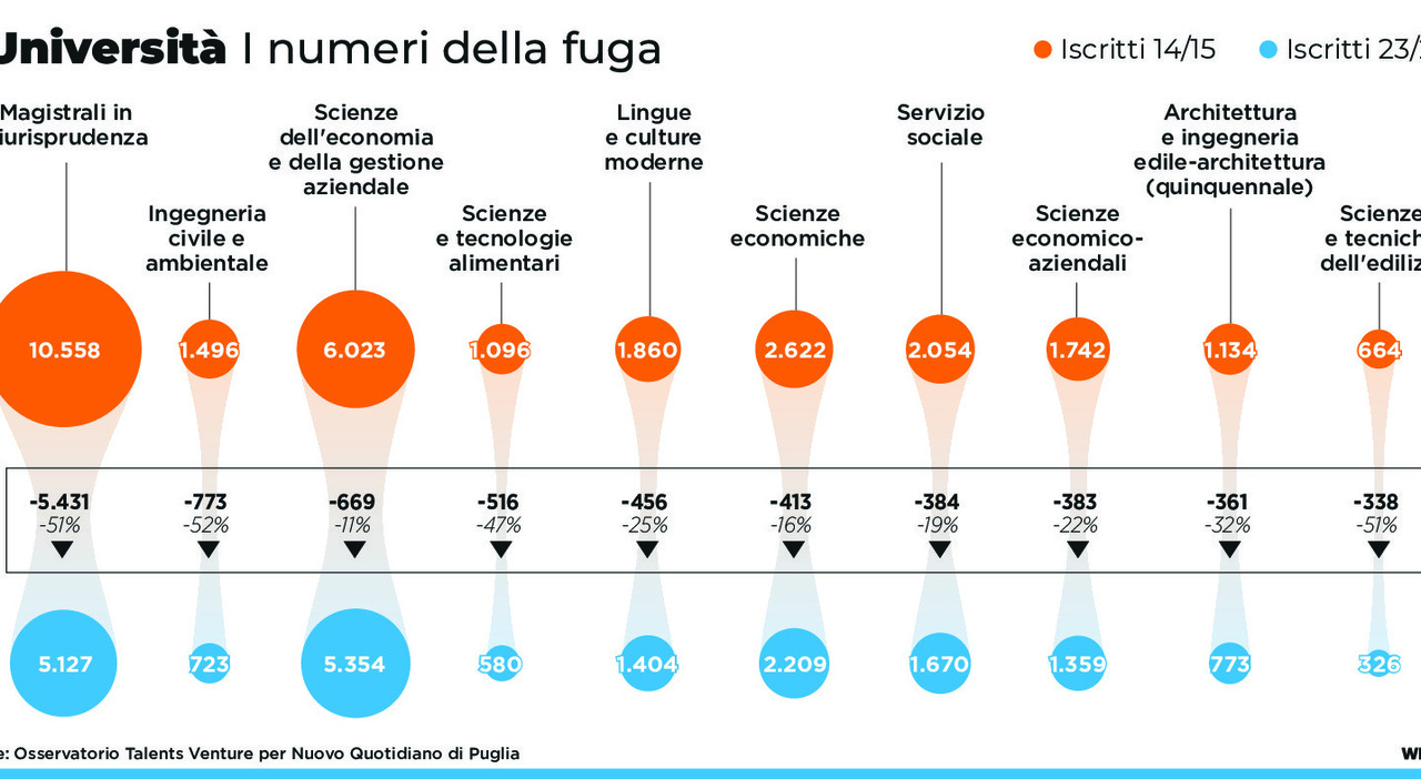 Università, quali sono i corsi che perdono più studenti in Puglia? Flop Giurisprudenza e Ingegneria Università, quali sono i corsi che perdono più studenti in Puglia? Flop Giurisprudenza e Ingegneria