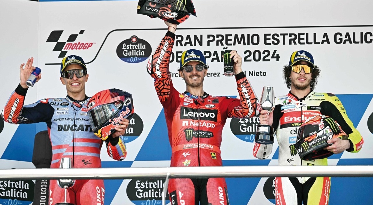 Un podio del 2024 con Marquez, Bagnaia e Bezzecchi