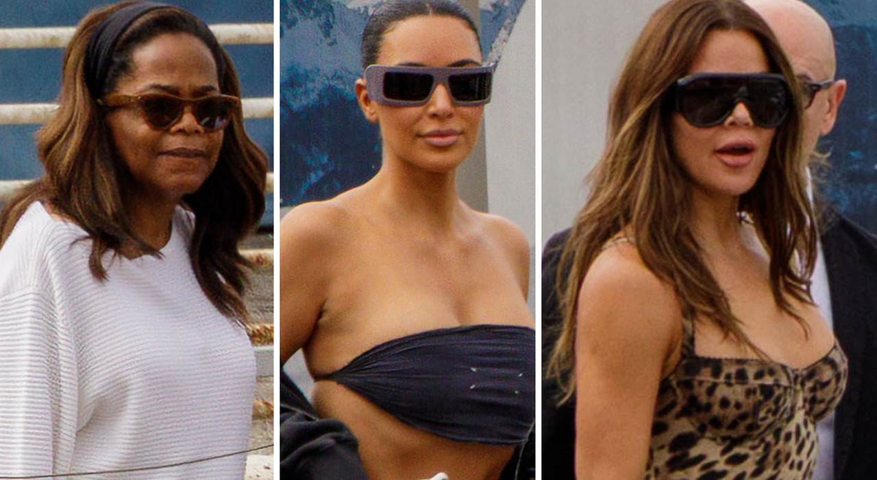 bezos le kardashian e oprah winfrey arrivano in laguna per il matrimonio outfit animalier total black e casual orlando bloom senza katy attesa per dicaprio