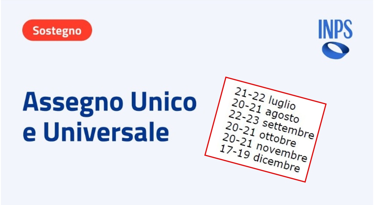 Assegno unico luglio, pagamento il 21 e 22. Date ufficiali del secondo semestre 2025: il calendario fino a dicembre Assegno unico luglio, pagamento il 21 e 22. Date ufficiali del secondo semestre 2025: il calendario fino a dicembre