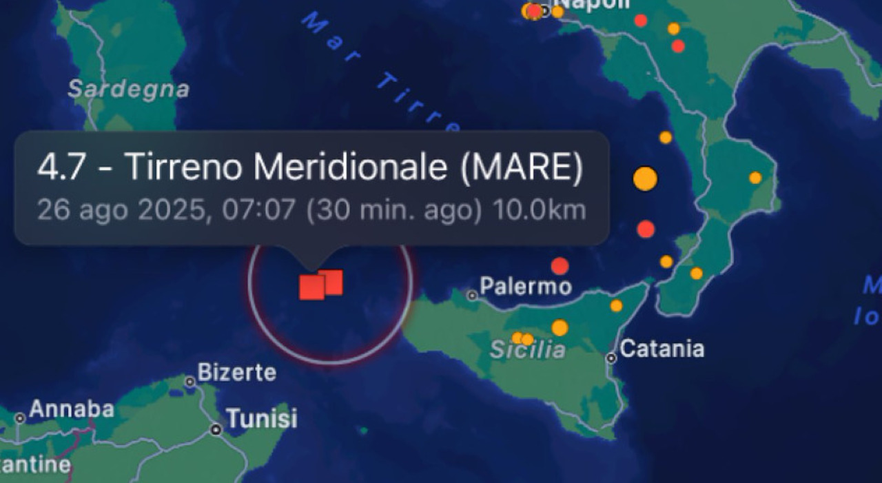 Terremoto oggi Trapani, magnitudo 4.7. Epicentro della scossa in mare nel Tirreno meridionale