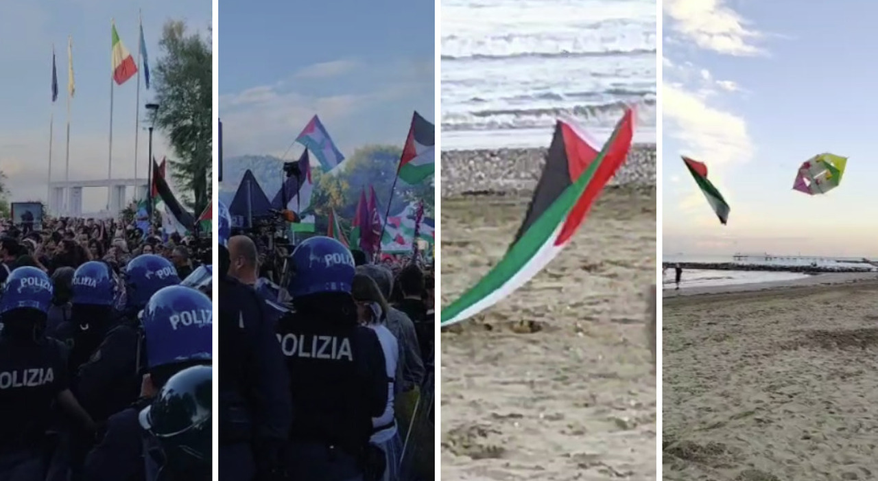 Corteo pro Pal, manifestanti aggirano il cordone di polizia, vanno in spiaggia e tentano di raggiungere il ...