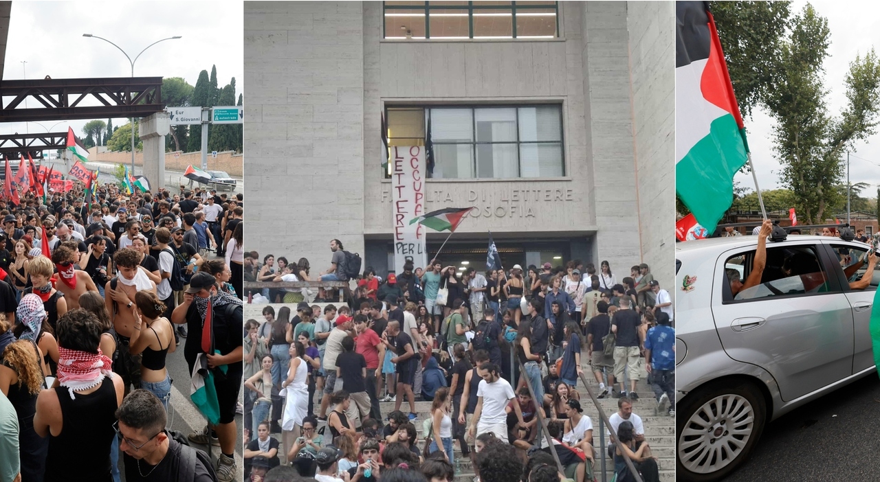 Roma, il corteo per Gaza entra alla Sapienza: occupata la facoltà di Lettere. Cinquantamila manifestanti bloccano la Tangenziale Roma, il corteo per Gaza entra alla Sapienza: occupata la facoltà di Lettere. Cinquantamila manifestanti bloccano la Tangenziale
