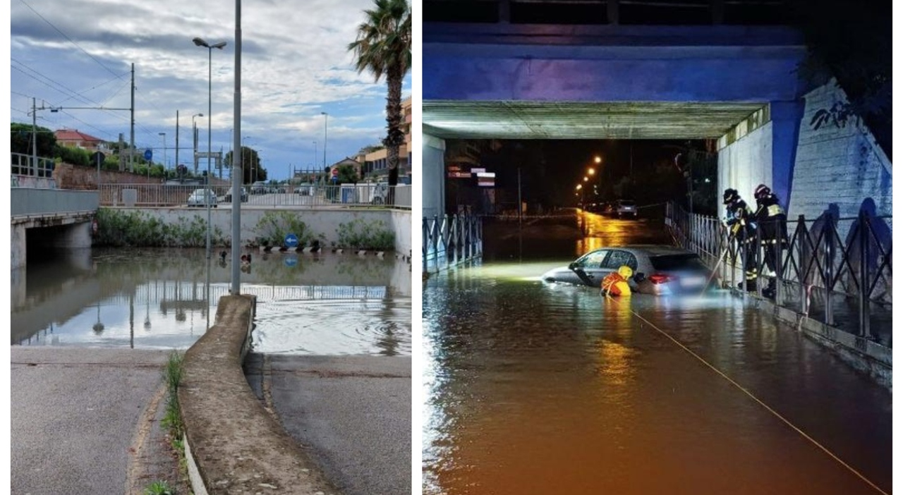 Maltempo nelle Marche, auto intrappolata nell