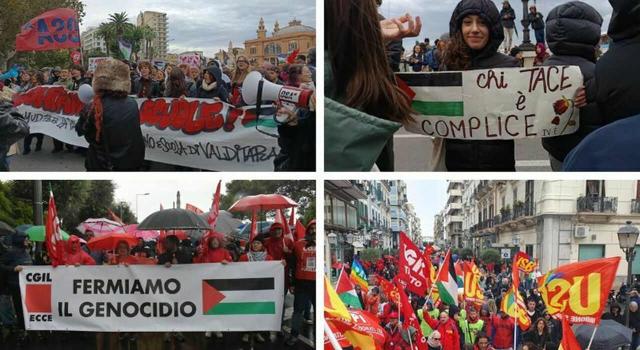 Cori e bandiere, il maltempo non ferma scioperi e cortei per Gaza: in migliaia per strada in tutta la Puglia