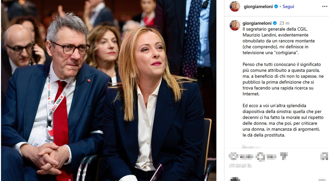Meloni contro Landini: «Mi definisce cortigiana? È obnubilato da rancore. La sinistra per criticarmi mi dà della prostituta» Meloni contro Landini: «Mi definisce cortigiana? È obnubilato da rancore. La sinistra per criticarmi mi dà della prostituta»